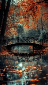 Autumn footbridge mirrored on a tranquil leaf‑strewn river.