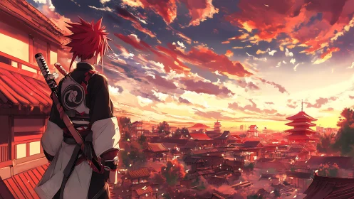 Samurai protagonist surveys neon-lit Edo city at cinematic dusk