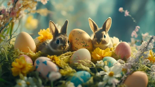 Easter bunnies nestle among painted eggs and spring flowers.