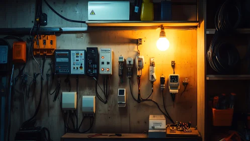 Illuminated control panel reveals organized electrical workshop