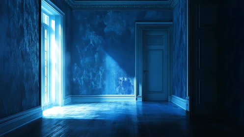 Luminescent corridor with high-contrast volumetric daylight.