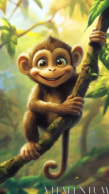 Smiling cartoon monkey grips jungle vine in soft rim lighting