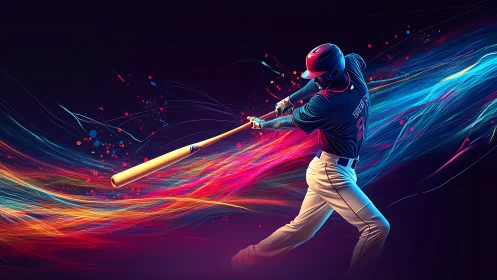 Baseball hitter drives neon energy trail through night field.