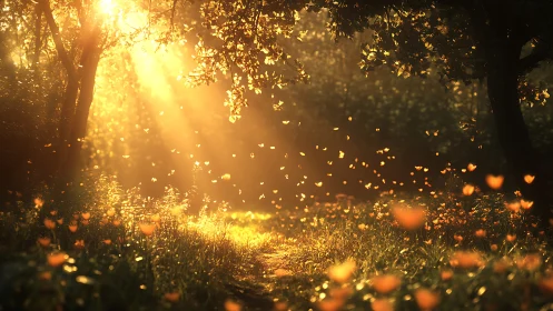 Magical sunlit forest path with glowing golden leaves, dreamy style.