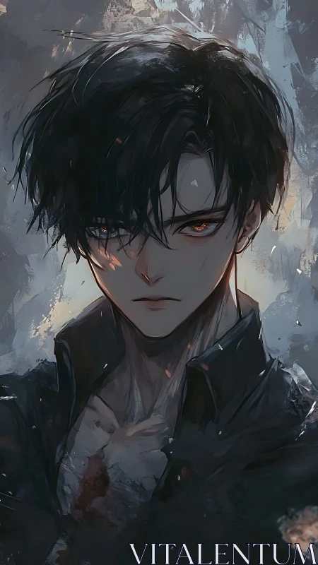 Storm-eyed antihero rises from gloom with ember-lit gaze.