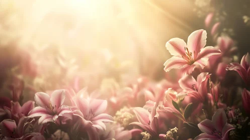 Pink Lilies Blooming in Golden Sunlight.