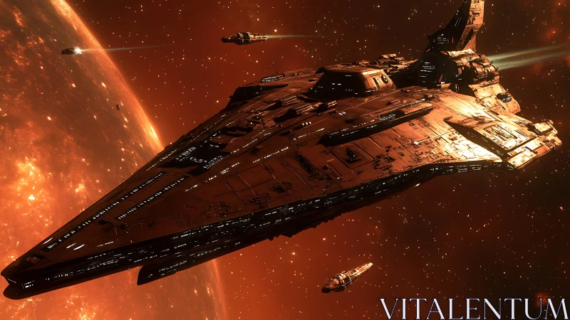 Massive triangular starship cruising in glowing red space.