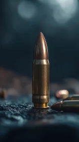 Lone brass bullet stands upright in dramatic moody light.