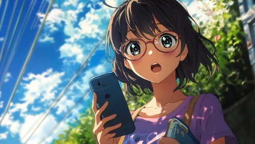 Sunlit anime girl with smartphone and expressive wide eyes.