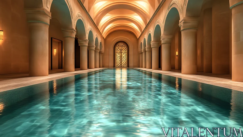 Luxurious indoor pool glows beneath elegant arched colonnade