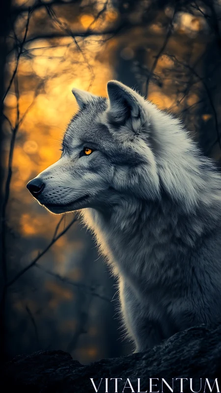 Silver wolf profile against blurred golden forest light.