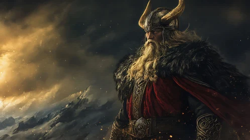 Armored Viking warlord stands against storm-lit mountain horizon