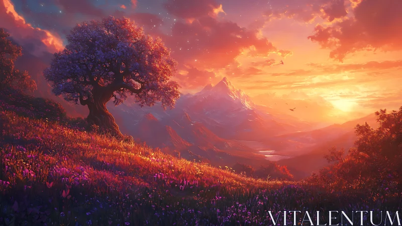 Dreamlit hillside beneath a glowing mountain sunset.
