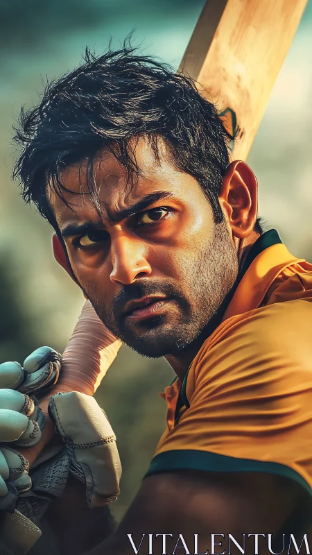 Intense cricket batsman portrait with raised wooden bat.