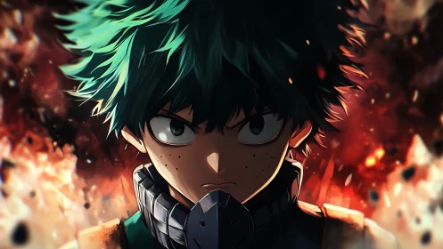 Intense green haired anime hero amid blazing chaos.
