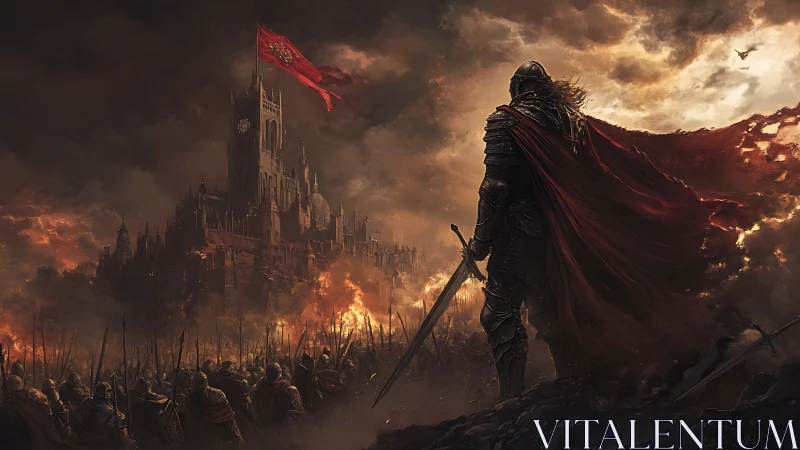 Armored warlord overlooking burning gothic fortress siege
