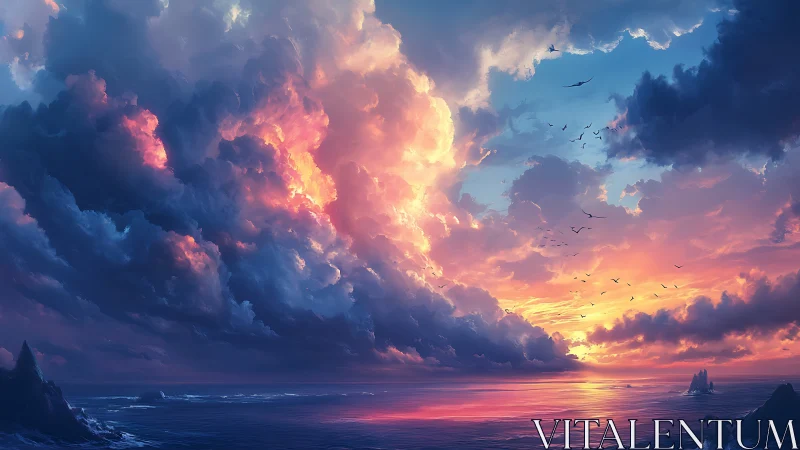 Spectral cumulonimbus over iridescent oceanic horizon.