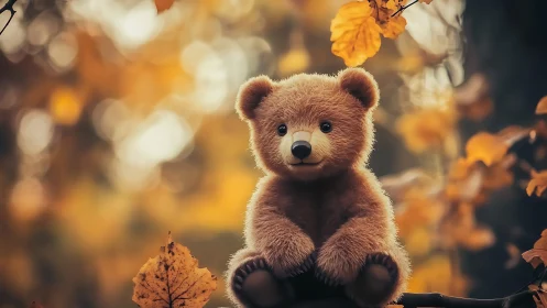 Cozy teddy bear nestled in golden autumn daydream woods.