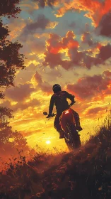 Motorcyclist climbs sunset hill under blazing painted sky.