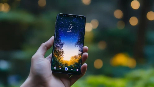 Hand-held smartphone displays luminous twilight landscape with bokeh background