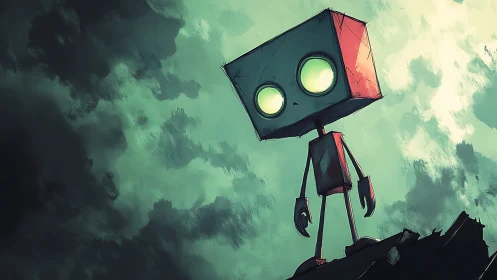 Lonely box-headed robot under stormy teal sky at cliff edge.