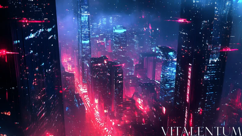 Cyberpunk megacity skyline in neon red and cyan haze.
