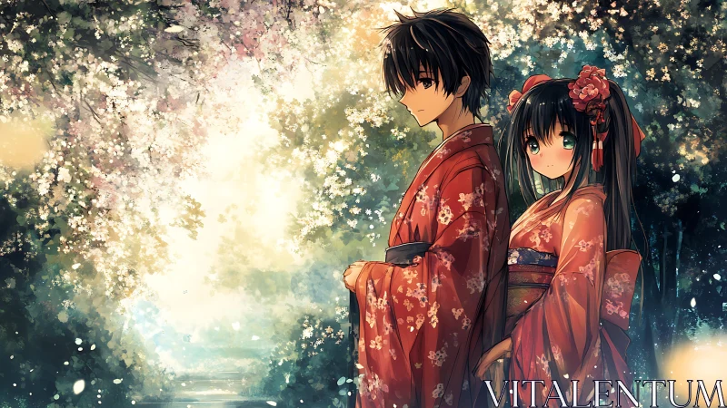 Young couple in kimono share a quiet moment under blossoms