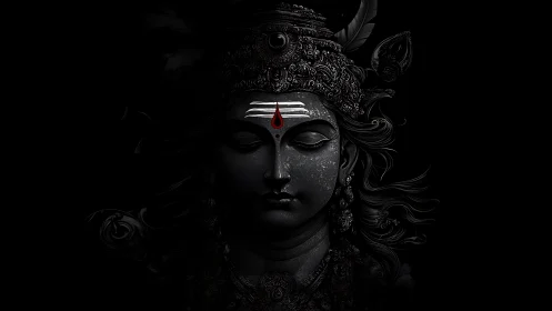 Digital painting of ornate divine visage in low-key chiaroscuro.