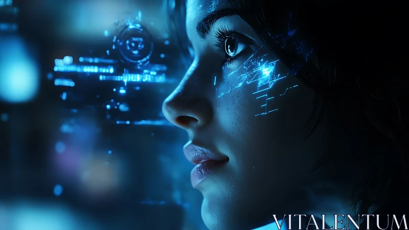 Augmented human profile integrates blue holographic HUD and facial circuitry