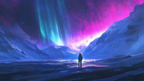Lone traveler watches neon aurora ignite frozen valley.
