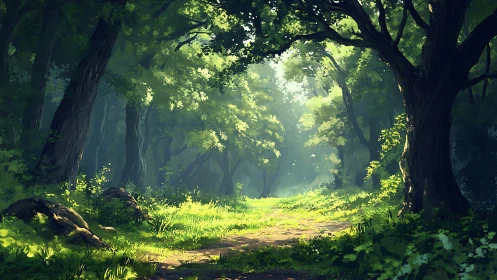 Forest Path Through Ancient Trees with Dappled Light.