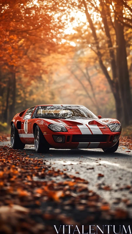 Red racing sports car on forest road in autumn light.