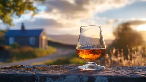 Whisky glass on stone ledge in soft rural sunset landscape.