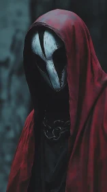 Hooded masked figure stands in crimson cloak, shrouded in mystery.