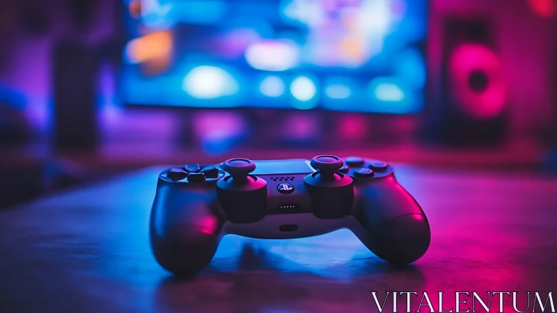 Game controller on desk under blue and magenta lighting.