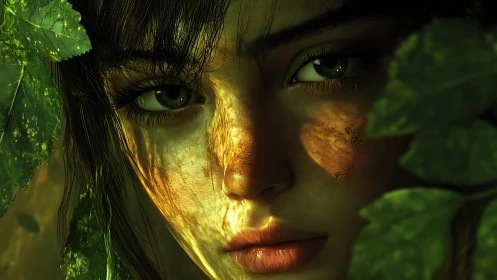 Forest muse bathed in dappled amber light and shadowed leaves.