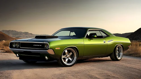 Green classic muscle car parked on dirt road at sunset