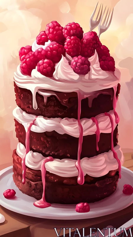 Layered Raspberry Cake with Cream and Fresh Berries.
