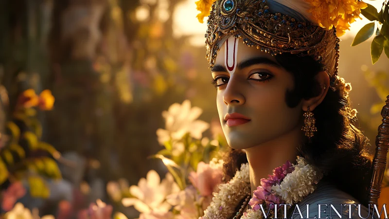 Graceful crowned figure glows softly in a golden garden