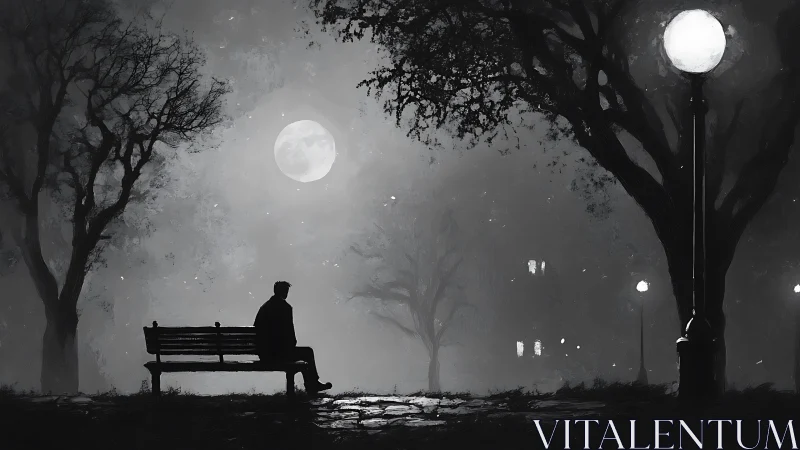 Solitary man on park bench under moonlit foggy sky.