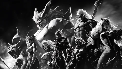 Monochrome lineup shows armored and muscular fantasy figures