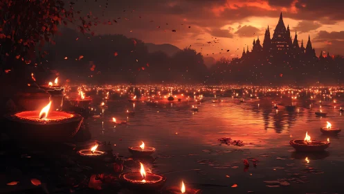 River of ember-lit prayers beneath a dusk-lit temple sky.