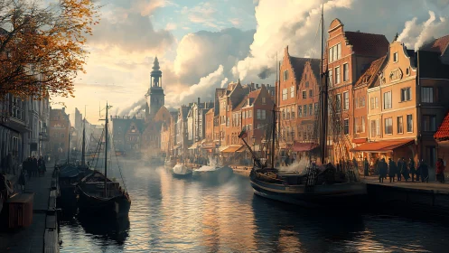 Digital painting of misty historic canal harbor at sunrise.