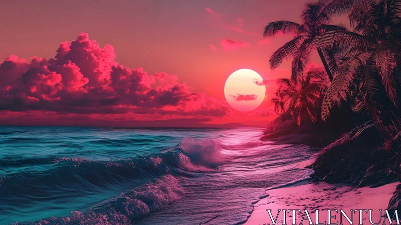 Neon tide sunset caressing a dream-drenched palm shore.