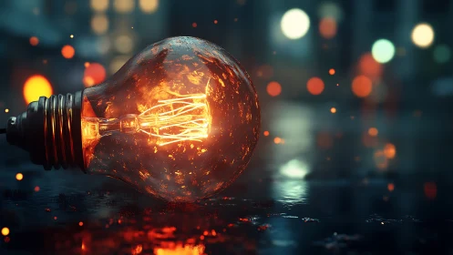 Illuminated light bulb on wet surface in urban night scene.