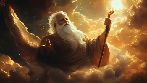 Ethereal deity in radiant clouds rendered as digital painting