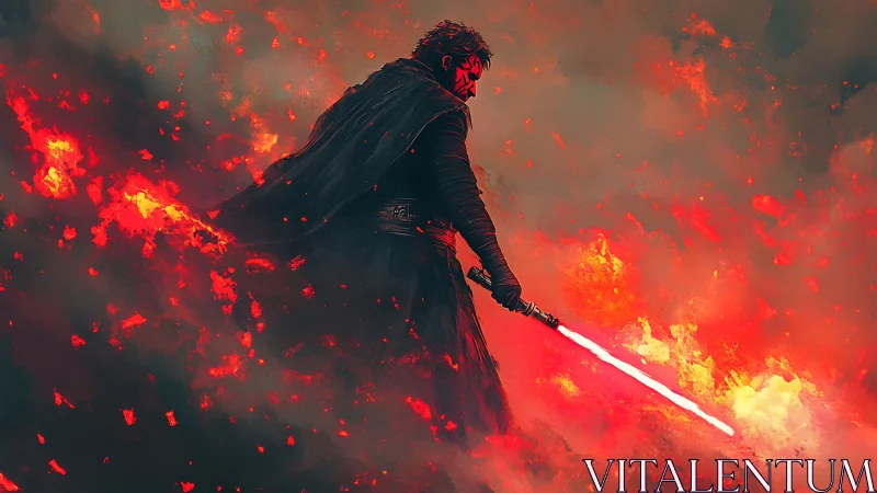 Blazing warrior stands firm amid swirling fire and embers