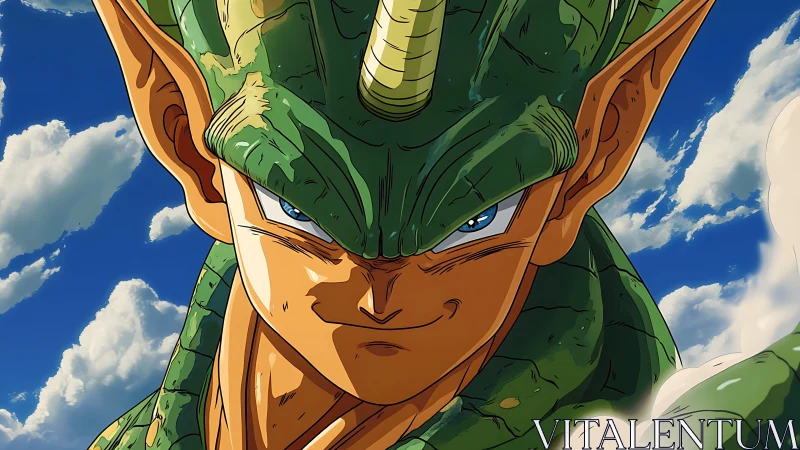 Green humanoid creature portrait under a clouded sky