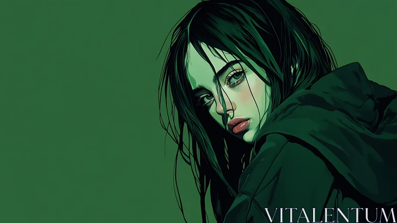 Moody green digital portrait of woman in hooded jacket.