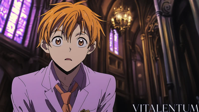 Shocked orange haired student in dim gothic cathedral